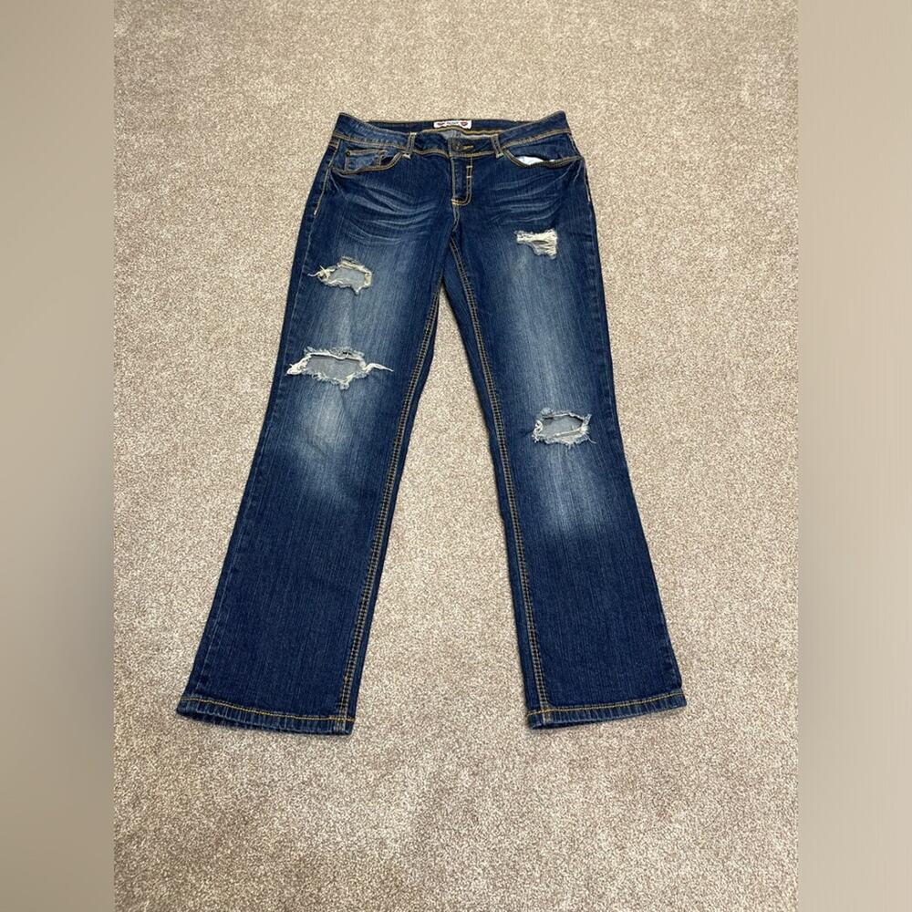 y2k vtg grunge distress What about me womens straight jean 7/8 dark wash stretch